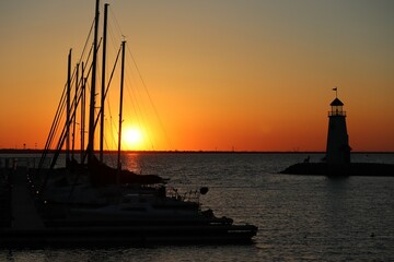 sunset over Lake Hefner with lighthouse
