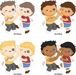 a vector of two kids hitting each other with a text of no hitting below it