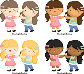 a vector of kids sharing a pencil together