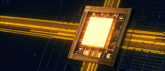 3D rendering of cyberpunk AI. Circuit board. Technology background. Central Computer Processors CPU and GPU concept. Motherboard digital chip. Tech science background.