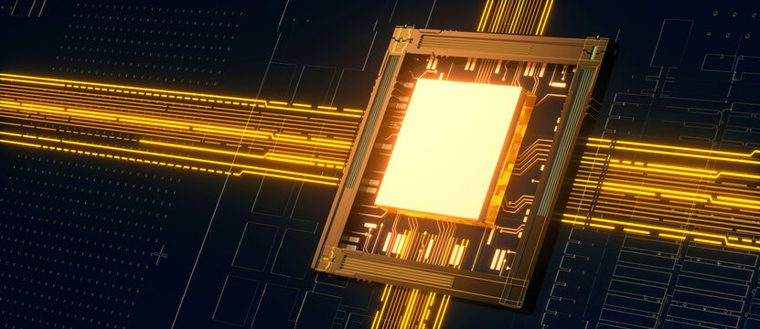 3D rendering of cyberpunk AI. Circuit board. Technology background. Central Computer Processors CPU and GPU concept. Motherboard digital chip. Tech science background.