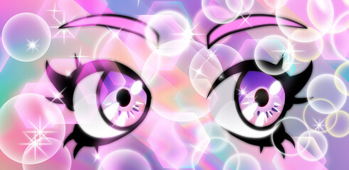 Big anime cartoon eyes with long eyelashes and sparkles.