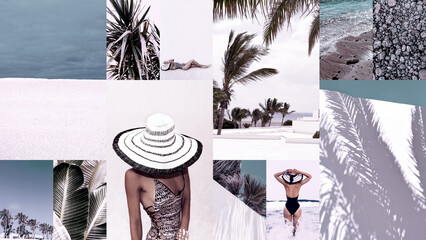 Set of trendy aesthetic photo collages. Minimalistic fashion images. Beach vacation vibes moodboard