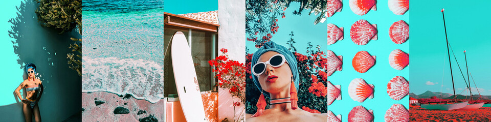 Set of trendy aesthetic photo collages. Minimalistic fashion images. Beach tropical vibes moodboard