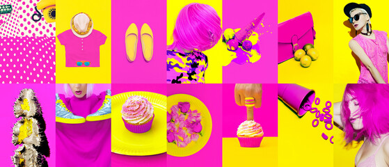 Set of trendy aesthetic photo collages. Minimalistic images of two top colors. Pink and yellow fashion moodboard