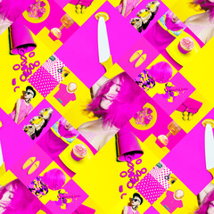 Set of trendy aesthetic photo collages. Minimalistic images of two top colors. Pink and yellow fashion moodboard