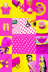 Fototapeta na wymiar Set of trendy aesthetic photo collages. Minimalistic images of two top colors. Pink and yellow fashion moodboard