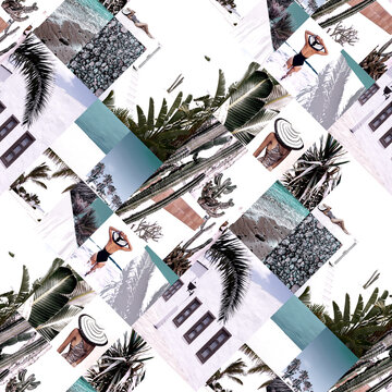 Set of trendy aesthetic photo collages. Minimalistic fashion images. Beach vacation vibes moodboard