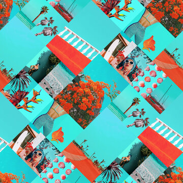 Set of trendy aesthetic photo collages. Minimalistic fashion images. Beach tropical vibes moodboard