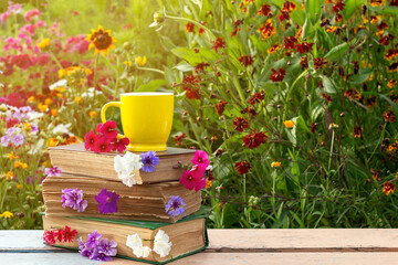 A cup of tea on stack of books with flowers, sunny summer day. Copy space