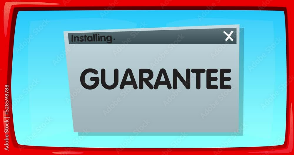 Poster abstract cartoon screen with the guarantee text in an install window. computer software. video messa