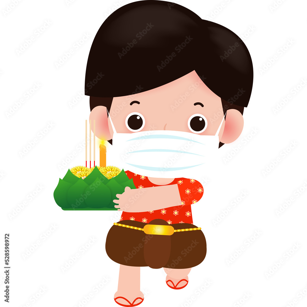 Wall mural Loy Krathong Festival for new normal coronavirus or covid 19 with cute Thai kids wear face mask and holding krathong Celebration and Culture of Thailand illustration character isolated flat style png 