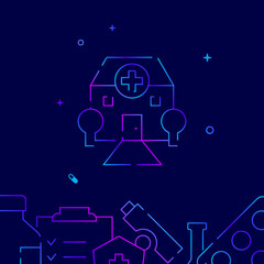 Hospital, clinic gradient line vector icon, simple illustration on a dark blue background, medicine related bottom border.