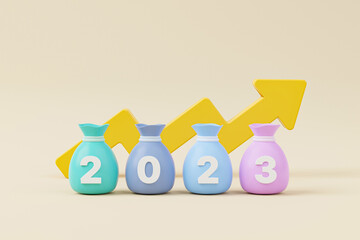 Money bag with year 2023 and arrow growth on background. Save money and investment concept. 3d render illustration