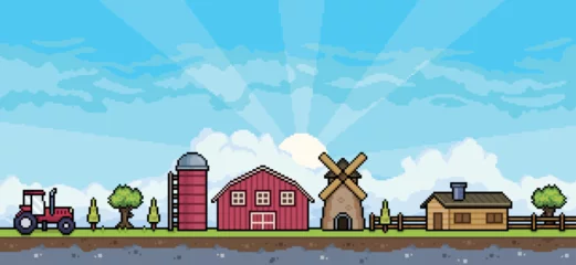 Schilderijen op glas Pixel art farm scene with tractor, barn, silo, mill, house. Landscape background for 8bit game © Kaleb