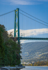 Lions Gate Bridge in summer day, Vancouver, BC, Canada. View of Lions Gate Bridge from Stanley Park