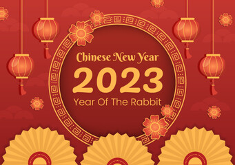 Chinese Lunar New Year 2023 Day of the Rabbit Zodiac Sign Template Hand Drawn Cartoon Flat Illustration with Flower, Lantern and Red Color Background