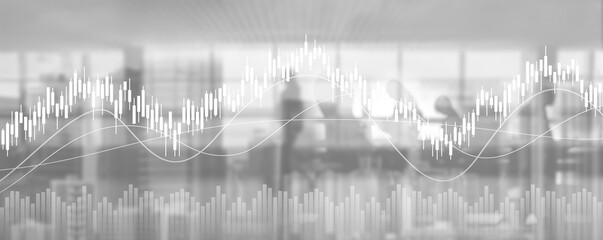 financial chart with line graph in stock market and silhouette people walking in cityscape background 