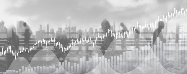 financial chart with line graph in stock market and silhouette people walking in cityscape background 