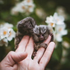 The common marmoset's babies on hand with philadelphus flower bush