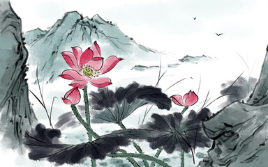 Chinese feng shui ink painting lotus background illustration material
