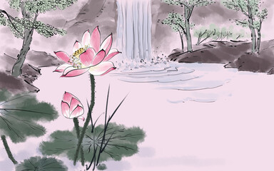 Chinese feng shui ink painting lotus background illustration material