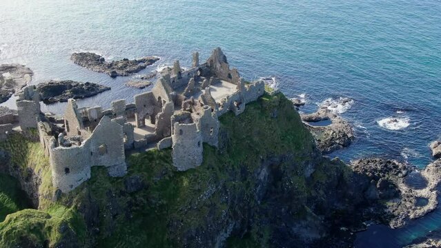 fantastic aerial shot over Dunluce castle in Ireland, the setting for the Game of Thrones series.