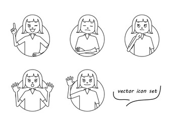 ボブカットの女の子のアイコンイラストセット（白背景・ベクター・線画・切り抜き）