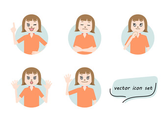 ボブカットの女の子のアイコンイラストセット（白背景・ベクター・切り抜き）