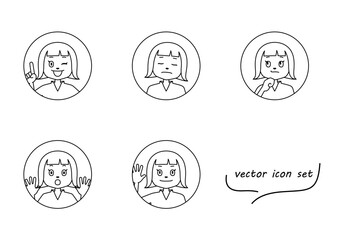 ボブカットの女の子のアイコンイラストセット（白背景・ベクター・線画・切り抜き）