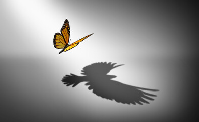 Aspiration for change and ambition for improvement and success as a metaphor for growth and transformation as a butterfly casting a shadow of a flying bird - obrazy, fototapety, plakaty