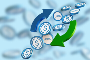 USDC exchange. USD Coins with exchange arrows. Buying USDC with fiat dollar. USDC Trading. Stable digital money. USD Coin investment concept. Cryptocurrency, stablecoin, blockchain. 3d rendering. - obrazy, fototapety, plakaty