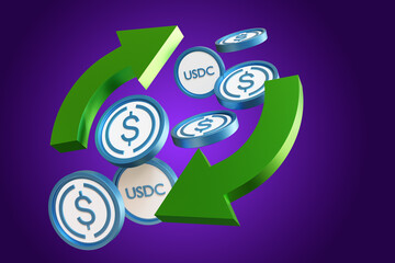 USDC purchase. Digital US dollar. USD Coins Trading. USDC exchange symbol on purple. Cryptocurrency pegged to US dollar. Stable electronic money. Crypto finance USDC. Blockchain money. 3d image.