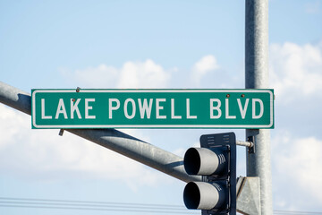 Lake Powell street sign located in downtown Page, Arizona