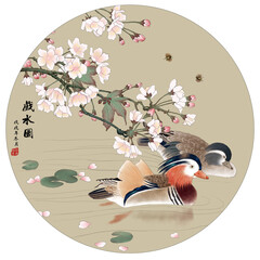 Chinese wind on water flowers and birds illustration background