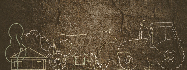 Overlayed outline icons of trees, house, tractor and farm animals. Ecologically clean area. Village in the summer. Thin line style illustration or background for eco products, banner.