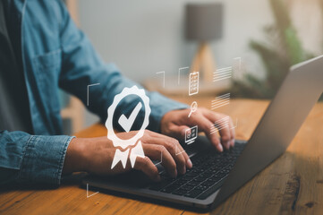 Obraz premium businessman working with sign of the top service Quality assurance, Guarantee, Standards, ISO certification and standardization concept...