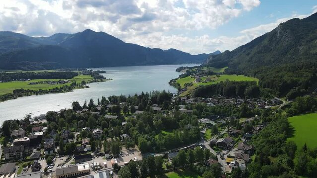 Amazing view from Schafberg by St. Sankt Wolfgang im in Salzkammergut, Haus house Schafbergspitze, lake Mondsee, Moonlake. Blue sky, alps mountains. Upper Austria, Salzburg, near Wolfgangsee, Attersee