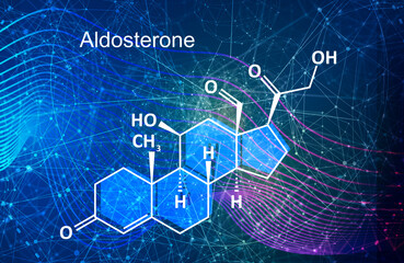 Aldosterone mineralocorticoid hormone, produced by the adrenal gland. Skeletal formula.
