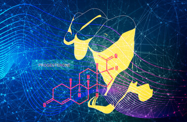 Hand holding chemical molecular formula of hormone progesterone.