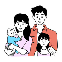 Happy family of mother, father and children characters line art drawing style. Front view of parents with their little kid and baby. Vector illustration.