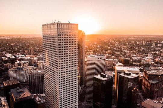 Aerial Drone Photo - Skyline of City of Denver Colorado at Sunrise