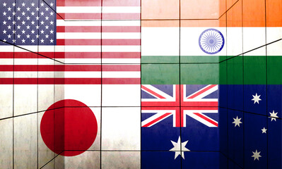 japan,australia,usa and india Quad plus countries flags. Quadrilateral Security Dialogue,