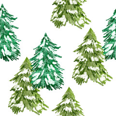 Hand drawn watercolor seamless pattern with Christmas trees. New year holiday december greeting decor, nordic scandinavian traditional wrapping paper print, green pine conifer spruce forest.
