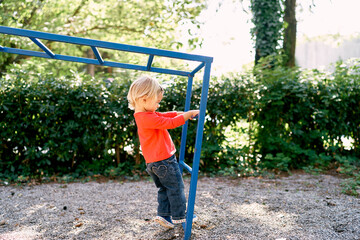 Little girl stands on a metal ladder holding her hands on the crossbar. High quality photo