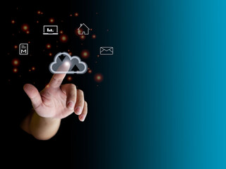 human finger pointing at the cloud show global data transfer with cloud computing, global internet, communication, big data, copy space