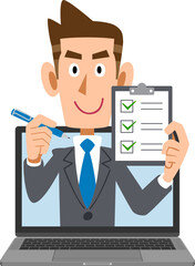 オンラインでチェックするスーツ姿の男性
