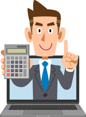 オンラインで計算するスーツ姿の男性
