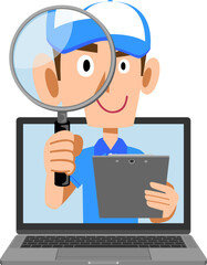 オンラインで調査する青いキャップを被りポロシャツを着た男性
