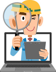 オンラインで調査する工事現場の男性
